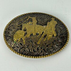 Crumrine Western Belt Buckle Team Roper Oval Brass and Silver Cowboy Lasso Steer